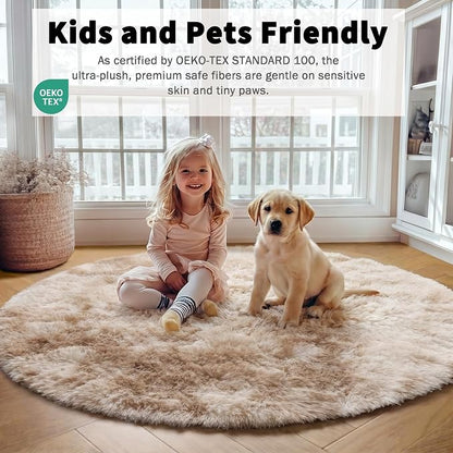 Tie-Dye Beige Round Area Rug 4ft, Soft Bedroom Circle Rugs Floor Mats - Image 3