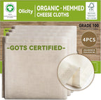 Organic Cheese Cloths, GOTS Certified, 4PCS, Grade 100,20x20Inch Hemmed Cheese Cloth Fabric Reusable Fine Mesh Cloth, 100% Cotton Unbleached Muslin Cheesecloth for Straining, Cooking, Butter,Tea,Tofu