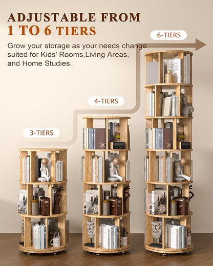 6-Tier Solid Wood Rotating Bookshelf on Wheels, 360° Spinning Book Shelf Tower - Image 4