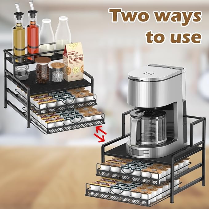Coffee Bar Organizer, Coffee Pod Organizer,3 Tier Coffee Syrup Rack Organizer,72 K Cup Storage for Counter Storing K Cup,Coffee Syrups, Coffee Makers and Other Coffee Supplies-Black