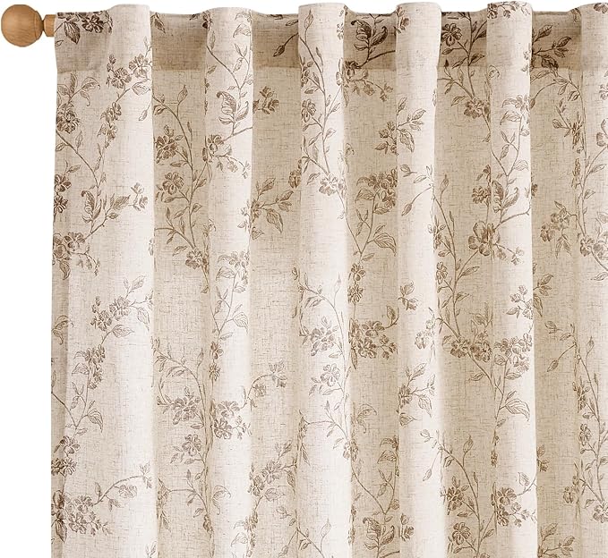 Taupe Vintage Floral Linen Curtains Farmhouse 50W X 84L 2 Panels | Elisa Series by Lazzzy