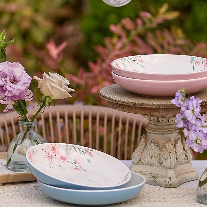 Bico Spring Sakura Pasta Bowls, 35oz Salad Bowl Set of 4, Large Ceramic Serving Dinner Bowls for Soup and Cereal, Microwave and Dishwasher Safe, Gift for Housewarming and Thanksgiving