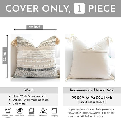 Gray Boho Throw Pillow Cover 22x22, Square Woven Textured Pillowcase, Modern - Image 3