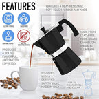 Zulay Moka Pot Espresso Stovetop Coffee Maker - Leak-Proof, Stainless Steel, Easy to Clean, Heat Resistant Handle & Knob - for Authentic Cuban & Italian Style Espresso - Makes 6 Espresso Cups - Black