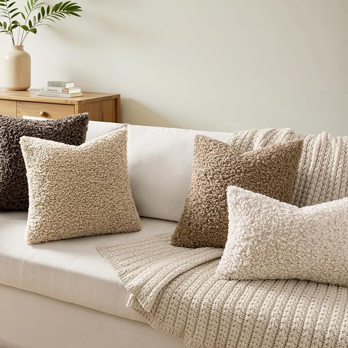 Faux Fur Throw Pillow Covers 24x24 Inch Set of 2 Boucle Neutral Decorative - Image 4