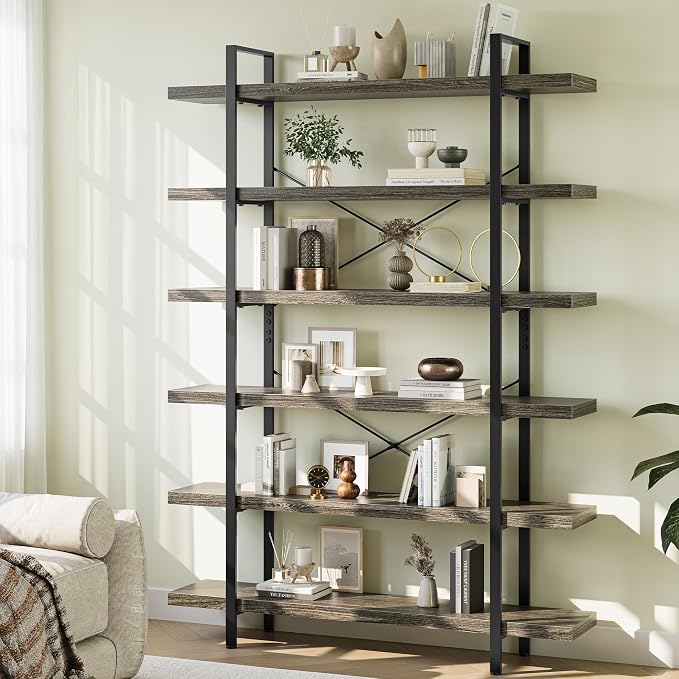 Heavy Duty 6-Tier Industrial Bookcase, 120lbs Shelf Capacity, Rustic Open by OtterOasis