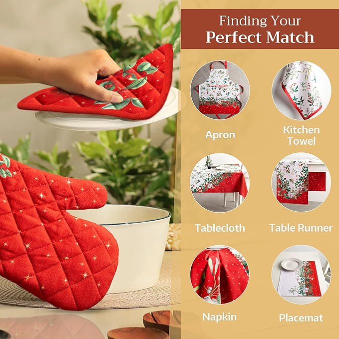 Maison d' Hermine 100% Cotton Oven Mitt & Pot Holder Set (7.5"x13" & 8"x8") Heat Resistant BBQ Cooking Gloves with Loop, Baking, Grilling, Kitchen, Handling Hot Pans (Noel)