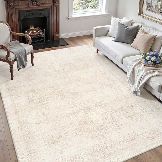 4x6 Area Rugs Living Room: Bedroom Neutral Washable Carpet Beige | Large - Image 3