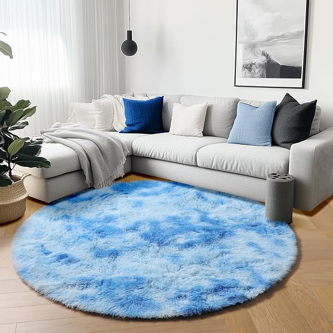 Round Rugs 6ft for Living Room Bedroom, Tie-Dye Blue Fluffy Circle Area Rug for - Image 6