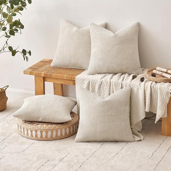 MIULEE Soft Decorative Chenille Pillow Covers Cream 18x18 Pack of 4 | Modern - Image 4