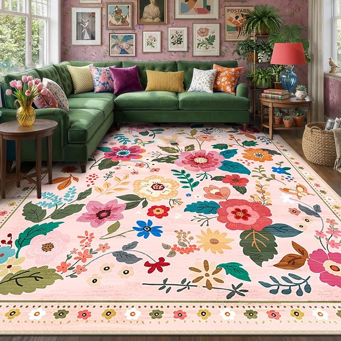RELEANY Floral Washable 7x9 Area Rugs Pink | Flower Carpet Print Boho Cute Non - Image 3