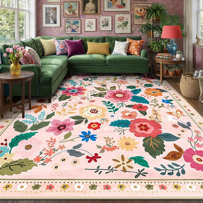 RELEANY Floral Washable 8x10 Area Rugs Pink | Flower Carpet Print Boho Cute Non by RELEANY