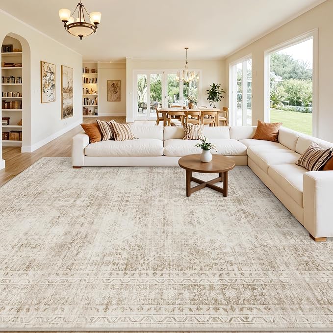 Area Rugs 9x12 Living Room: Bedroom Neutral Washable Carpet Brown | Vintage by Luxturiy