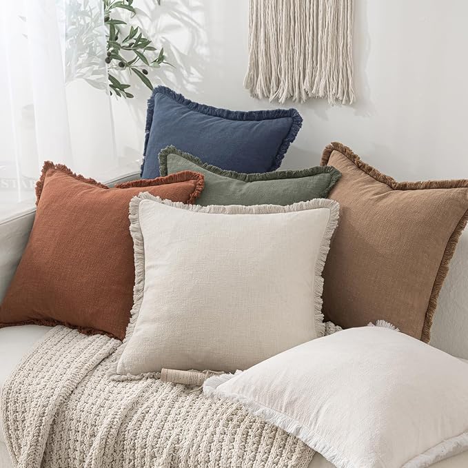 MIULEE Boho Linen Fringe Decorative Fall Throw Pillow Covers Brick 20x20 | Set - Image 4