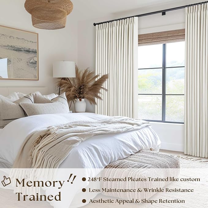 Extra Wide 92 Inch Pinch Pleat Linen 100% Blackout Curtains Natural 1 Panel | 2 - Image 2