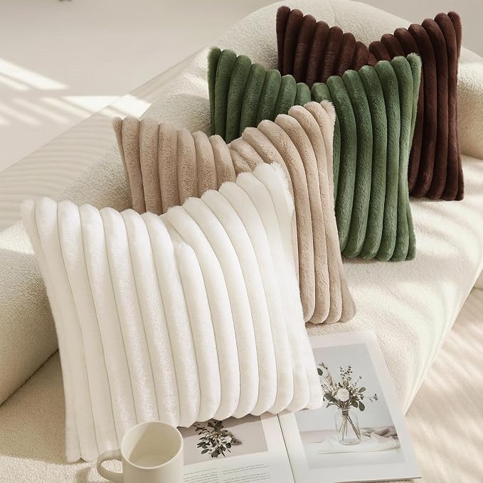 decorUhome Fall Faux Fur Throw Pillow Covers 24x24 Set of 2 Olive Green | - Image 5