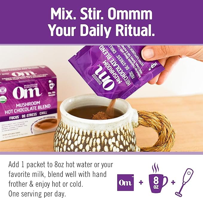 OM MUSHROOM SUPERFOOD Hot Chocolate Blend Mushroom Powder, Single Serve, 10 Count, Dutch Cocoa, 2g of Sugar, 25 Calories, Lion's Mane, Reishi, Chaga, Turkey Tail, Focus and Stress Support