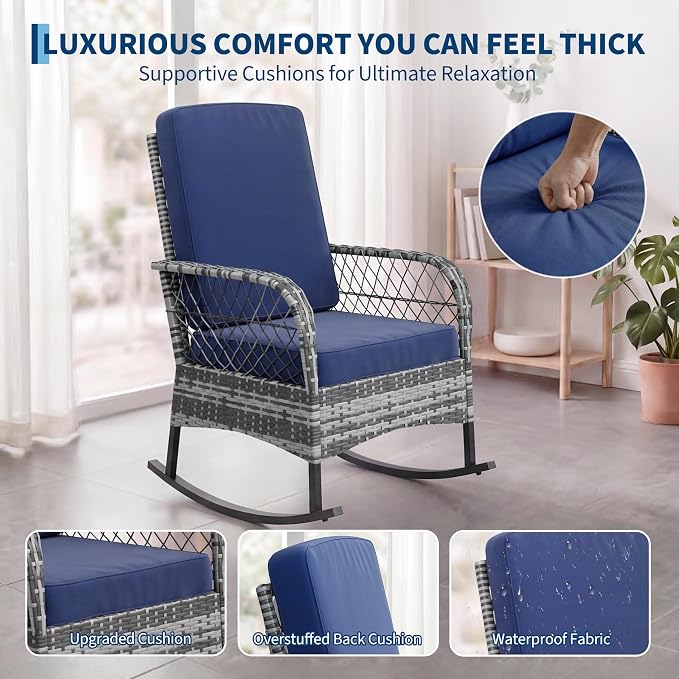 GarveeHome 3-Piece Outdoor Rocking Chair Set, Wicker Rattan Patio Furniture - Image 6