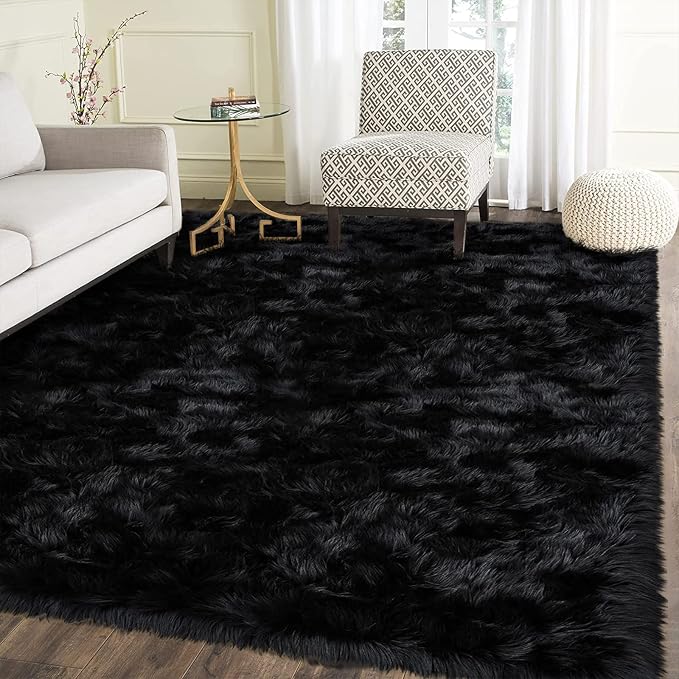 Latepis Rugs for Living Room Alfombras para Salas 5x8 Faux Sheepskin Black Fur - Image 7