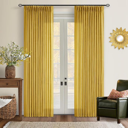 Mustard Yellow 90 Inch Thick Linen Curtains Pinch Pleated 2 Panels Set | - Image 9