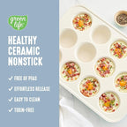 GreenLife 12-Cup Muffin Pan, Healthy Ceramic Nonstick Bakeware, PFOA & PFAS-Free Cupcake Tray, Durable Baking Pan, Versatile Kitchen Essential, Easy Clean Muffin Mold, Nonstick Baking Sheet, Blue Haze