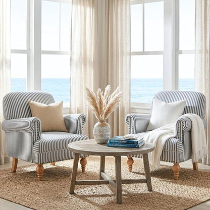 Blue Striped Linen Fabric Accent Chair, Coastal Upholstered Armchair - Image 6