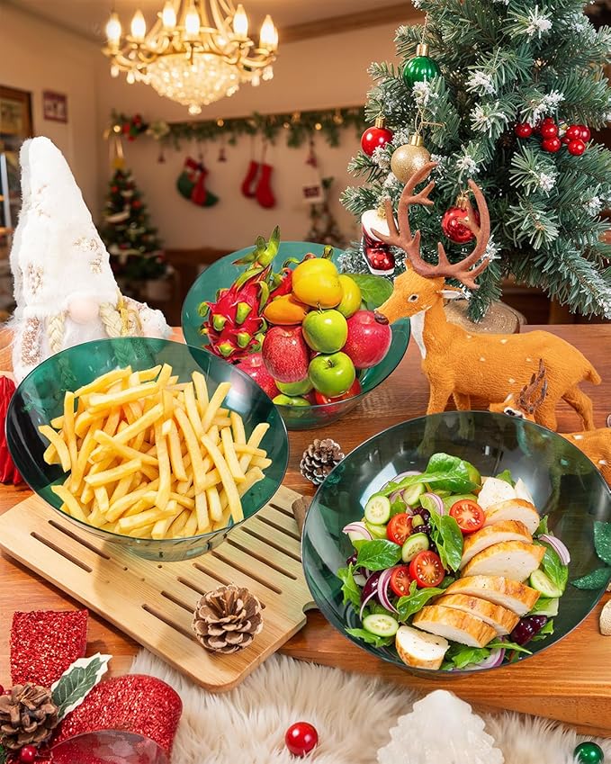 bUCLA 12 Pack Clear Green Plastic Serving Bowls - 54 OZ Christmas Angled Serving Bowls Disposable for Chip, Candy, Salad & Fruit - Ideal for X’mas Party