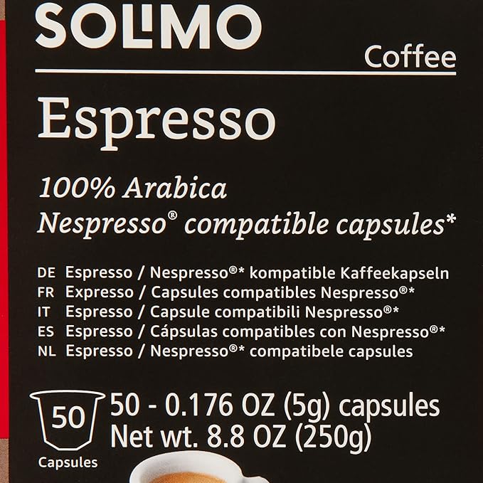 Amazon Brand - Solimo Espresso Capsules, Medium Roast, Compatible with Original Brewers, Pack of 1x50 Capsule (50 count)