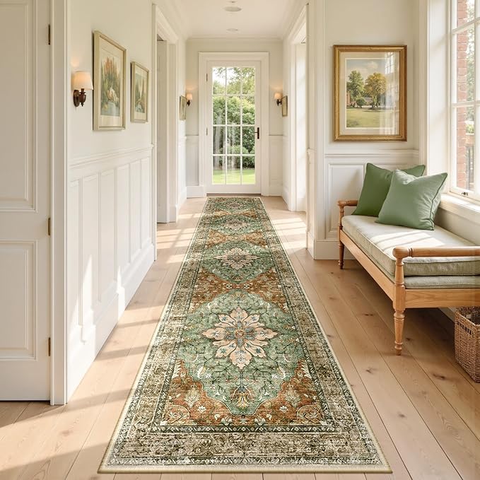 RELEANY Washable Area Rug, Runner 2'6"x10', Brick/Brown/Green | Non-Slip by RELEANY