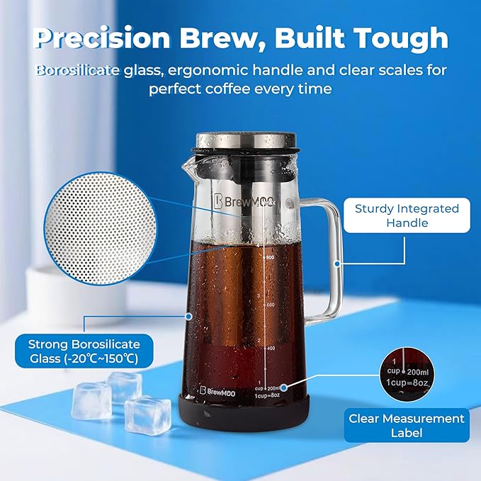 Sleek Cold Brew Coffee Pitcher & Iced Tea Maker - 1.0L/34oz Borosilicate Glass Carafe with Stainless Steel Filter, Sealed Lid & Integrated Handle, Dishwasher Safe (Black)