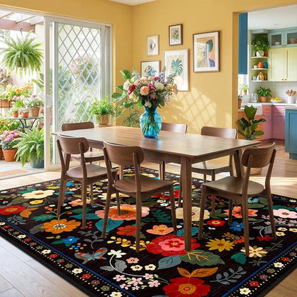 RELEANY Floral Washable 8x10 Area Rugs Black | Flower Carpet Print Boho Cute - Image 2