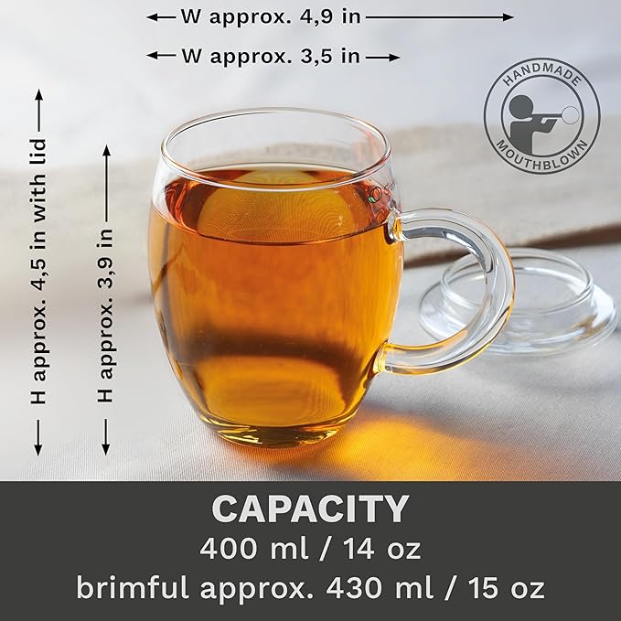 Creano 2x All-In-One Tea Glass with integrated Glass Filter and Lid - 14oz (400ml)
