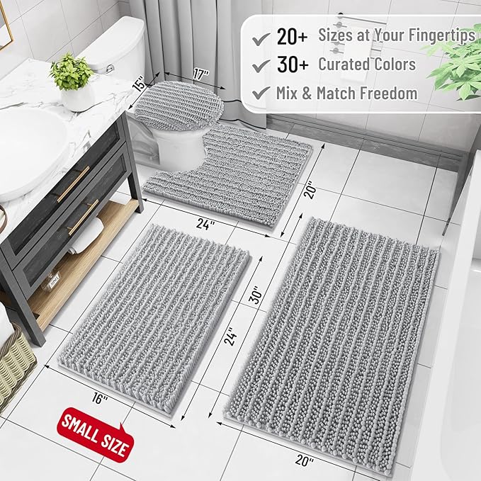 Arotive Luxury Chenille Bathroom Rug Mat, Extra Soft Thick Absorbent Shaggy Bath Rugs, Non-Slip Machine Wash Dry, Plush Bath Mats for Bathroom, Shower and Tub, 47x17, Light Grey