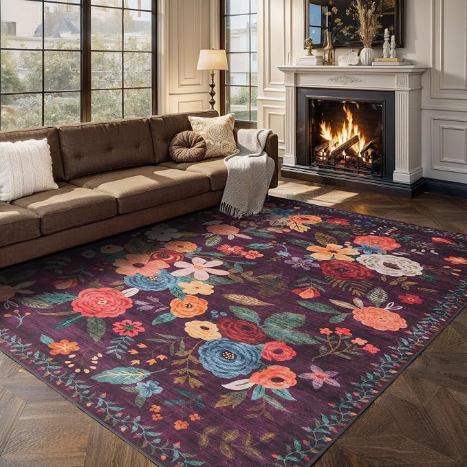 Area Rug 10x14 for Living Room, Machine Washable Floral Rug | Non Slip - Image 6