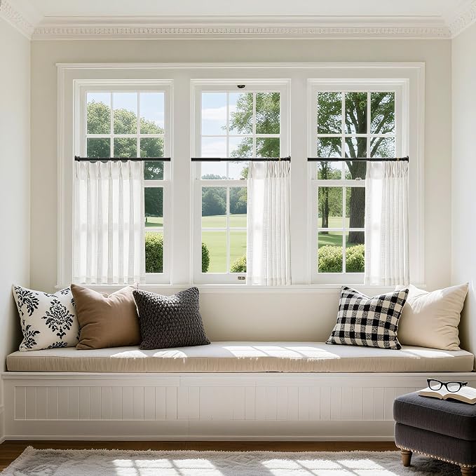 Beige White Linen Kitchen 36 Inch Pinch Pleated Curtains 2 Panels | Ivory Short - Image 6