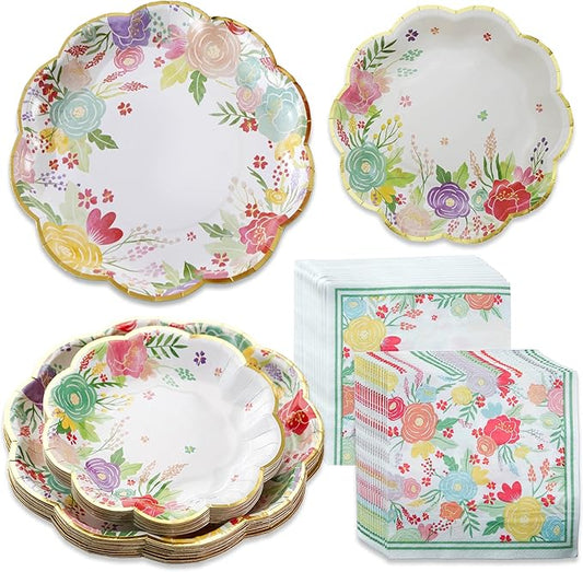 Kate Aspen Garden Blooms 62pc Paper Plates Napkins, 16pcs 7 inch & 16pcs 9 inch Heavy Duty Disposable Party Plates, 30pcs 6.5 inch Durable Paper Napkins for Bridal Shower, Baby Shower, Wedding Party