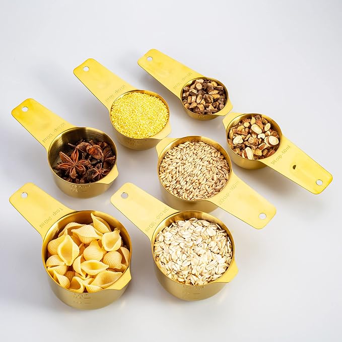 Set of 7 Heavy Duty Measuring Cups, 18/8 Stainless Steel with Ring Connector, Gold
