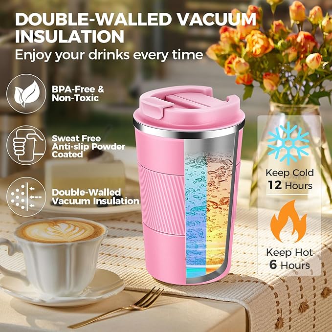Volhoply 13 oz Stainless Steel Insulated Travel Coffee Mug with Fip Lid,Reusable Double Wall Vacuum Metal Coffee Cup,Portable to Go Leak Proof Cafe Thermal Tumbler for Hot & Cold Drinks(Pink,1)