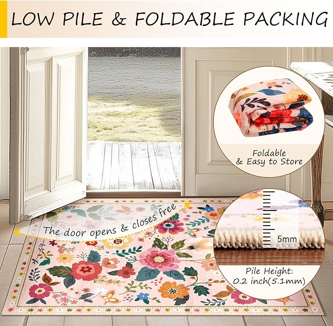 Floral Washable 2x8 Area Rugs Runner Entryway Hallway Pink | Flower Carpet - Image 4