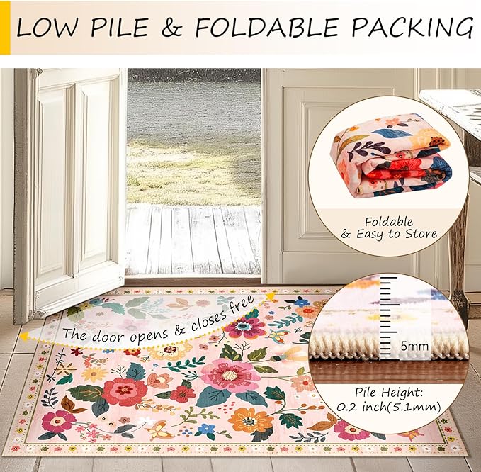 Floral Washable 2x6 Area Rugs Runner Entryway Hallway Pink | Flower Carpet - Image 4