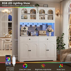 HIFIT 71" LED Kitchen Pantry Cabinet with Power Outlet, Large Kitchen Hutch Storage Cabinet with Arched Door & Shelves & 2 Drawers, Tall Modern Coffee Bar with Hutch for Home Dining Living Room, White