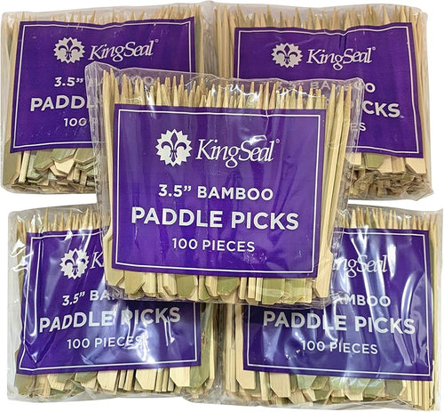 500 Count | KingSeal Natural Green Bamboo Wood Paddle Picks, Skewers for Appetizers and Cocktails, 3.5 Inches, Bulk Pack - 5 Packs of 100