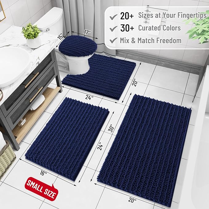 Arotive Luxury Chenille Bathroom Rug Mat, Extra Soft Thick Absorbent Shaggy Bath Rugs, Non-Slip Machine Wash Dry, Plush Bath Mats for Bathroom, Shower and Tub, 30x17, Navy