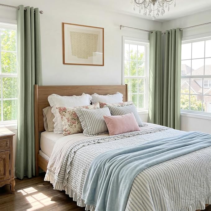 100% Blackout Linen Textured Curtains 84 Inch Long, Sage Green | 100% Blackout - Image 4