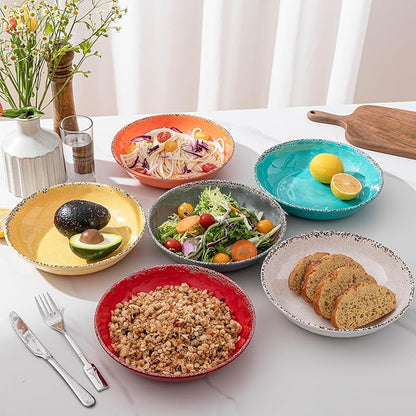 Vintage Pasta Bowl, Melamine Pasta Bowls Set of 6, 42 OZ Large Corlorful Serving Bowl for Kitchen, Dishwasher Safe Salad,Soup,Fruit, Dinner Bowls, Shallow Pasta Plates. Multi-color…