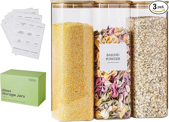 Glass Jars with Bamboo Lids 3 Pack, 74 Oz Airtight Square Storage Container, High Borosilicate Glass Kitchen Canisters for Soild food, Nuts/Cookies/Sugar/Pasta