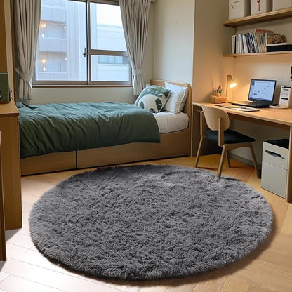 Grey Round Area Rug 4ft, Fluffy Plush Shaggy Carpet Mats - Image 3