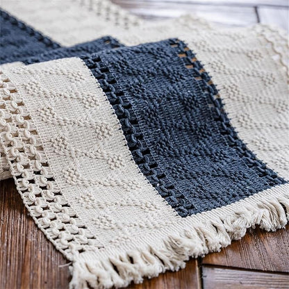 Macrame Table Runner Cream Beige and Blue Boho Table Runners - Image 5