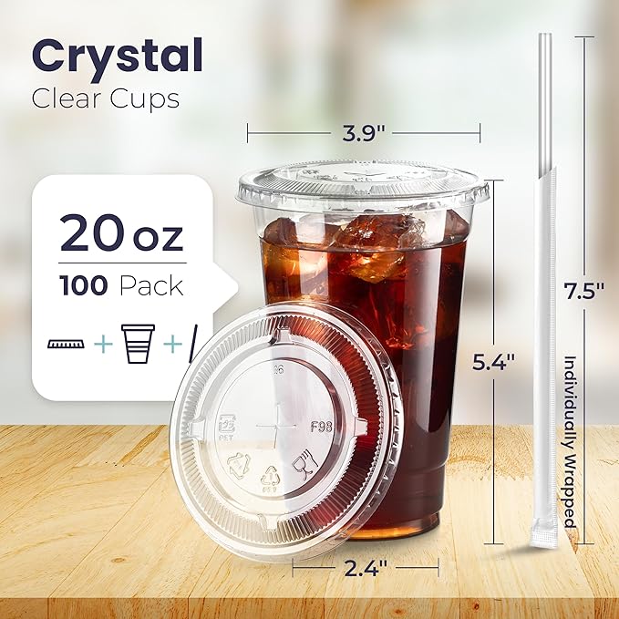 Fit Meal Prep 100 Pack 20 oz Plastic Iced Coffee Cups with Flat Lids and Clear Straws, Disposable Clear Cup, BPA Free Cup for Party, Smoothie, Cold Drinks, Juice, Milkshake, Bubble Boba, Tea