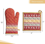 Maison d' Hermine 100% Cotton Oven Mitt & Pot Holder Set (7.5"x13" & 8"x8") Heat Resistant BBQ Cooking Gloves with Loop, Baking, Grilling, Kitchen, Handling Hot Pans (Sofia)